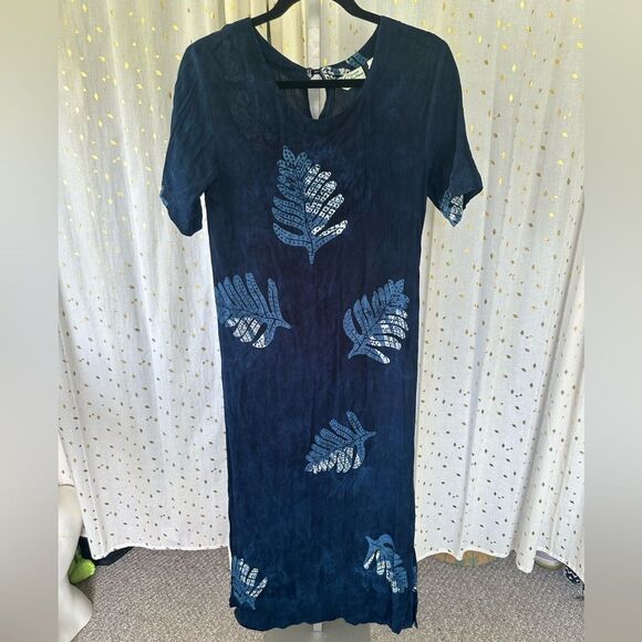 Island Collections Hawaiian Aloha Tropical Leaves Crinkle Midi Dress Vacation XS - Picture 2 of 7